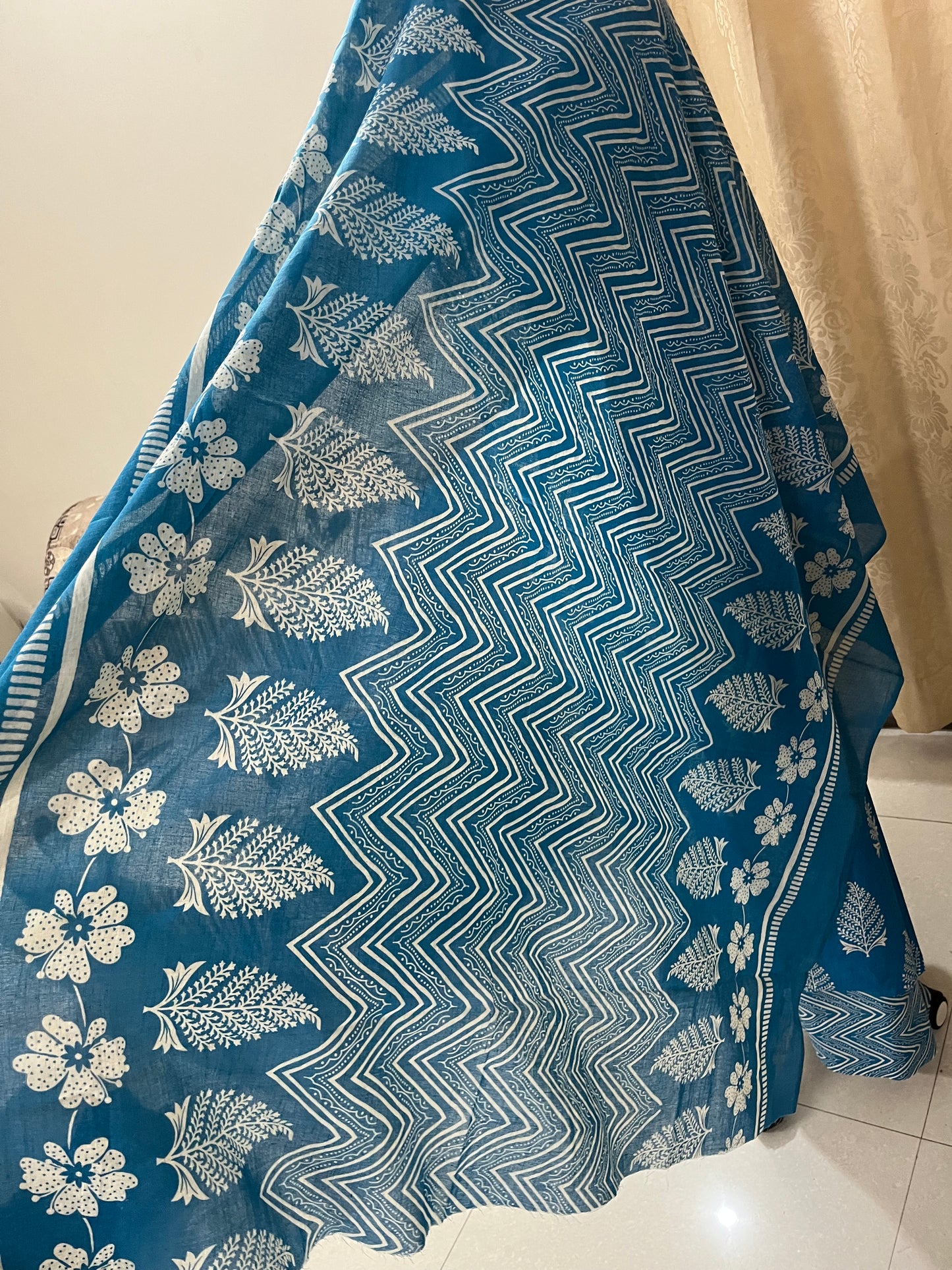 Subah Pure Cotton Suit Set with Sequin Handwork & Lace- Firozi