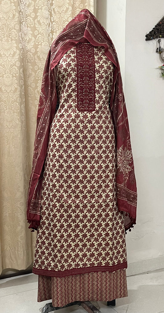 Nagma Pure Cotton Suit Set with Hand Embroidered Neck Patch - Rustic Red