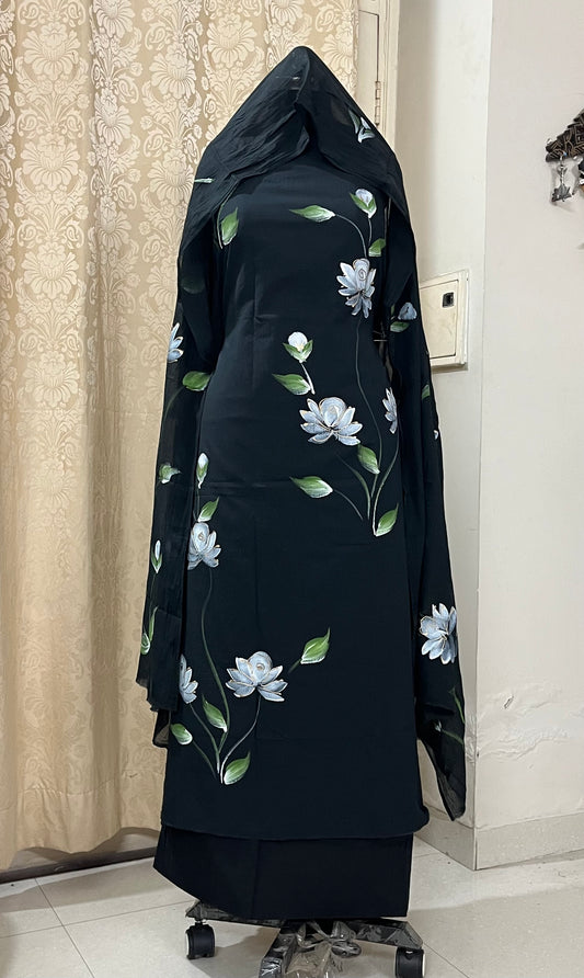 Basant Hand-painted Pure Mul Cotton Suit Set with Lining - Black
