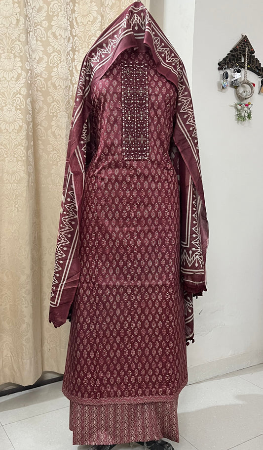 Zevar Pure 100% Cotton Suit Set with Hand Embroidered Neck Patch - Plum Red