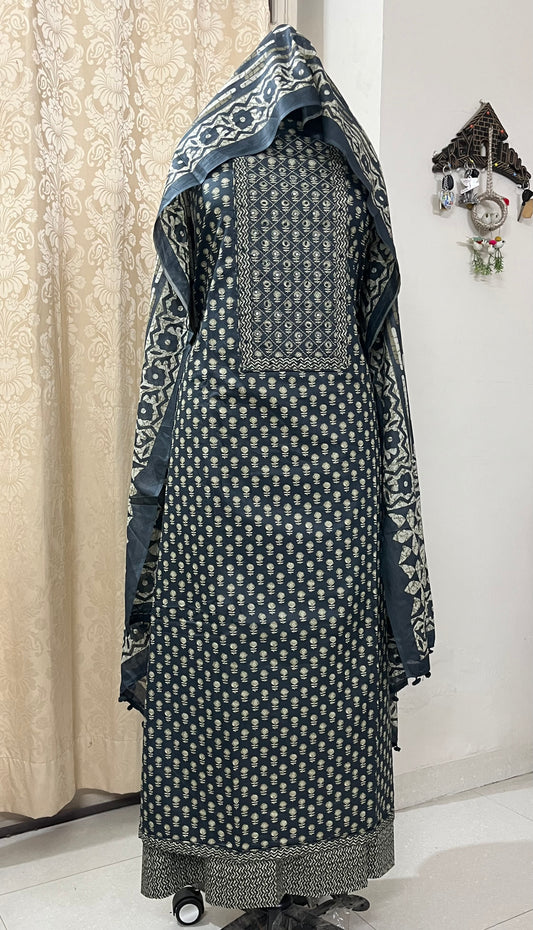 Paalki Pure Cotton Suit Set with Knot & Mirror Work Neck Patch - Midnight Blue