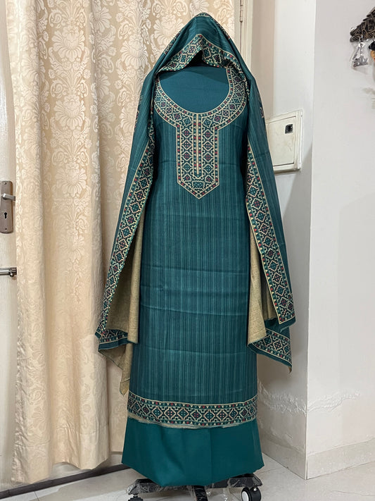 Pashmina Kullvi Digitally Printed Woolen Suit & Stole - Green