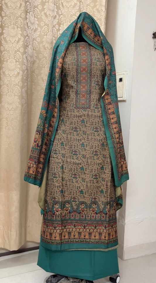 Noorvi Warli Print Woolen Suit with Floral Neck Patti & Printed Stole - Bottle Green