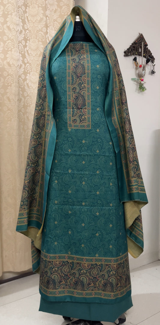 Nazaakat Toosh Pashmina Suit with Matching Stole- Firozi