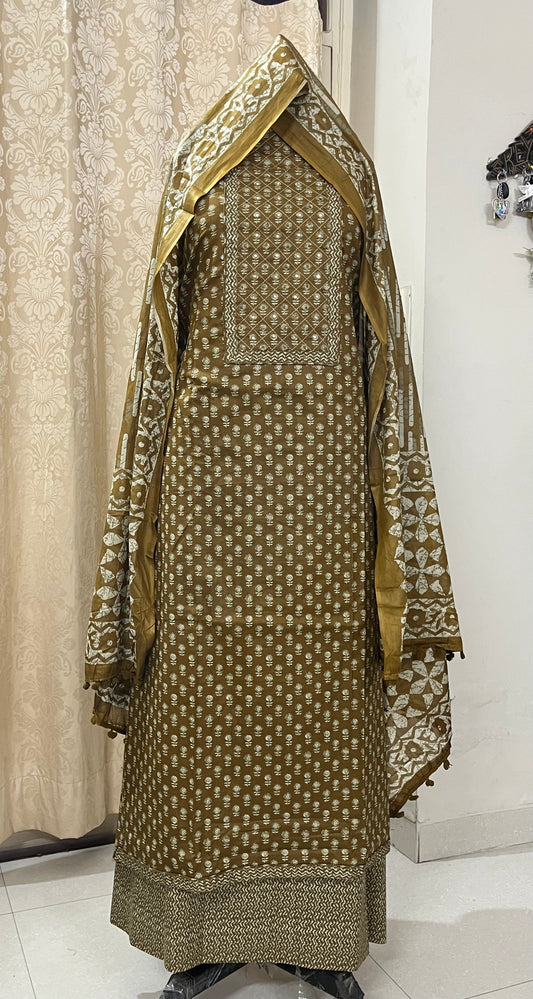 Paalki Pure Cotton Suit Set with Knot & Mirror Work Neck Patch - Burnt Mustard