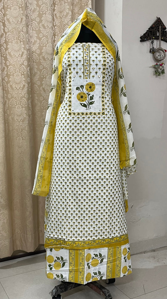 Sajni Pure Cotton Floral Suit Set with Knot & Mirror Work - Yellow