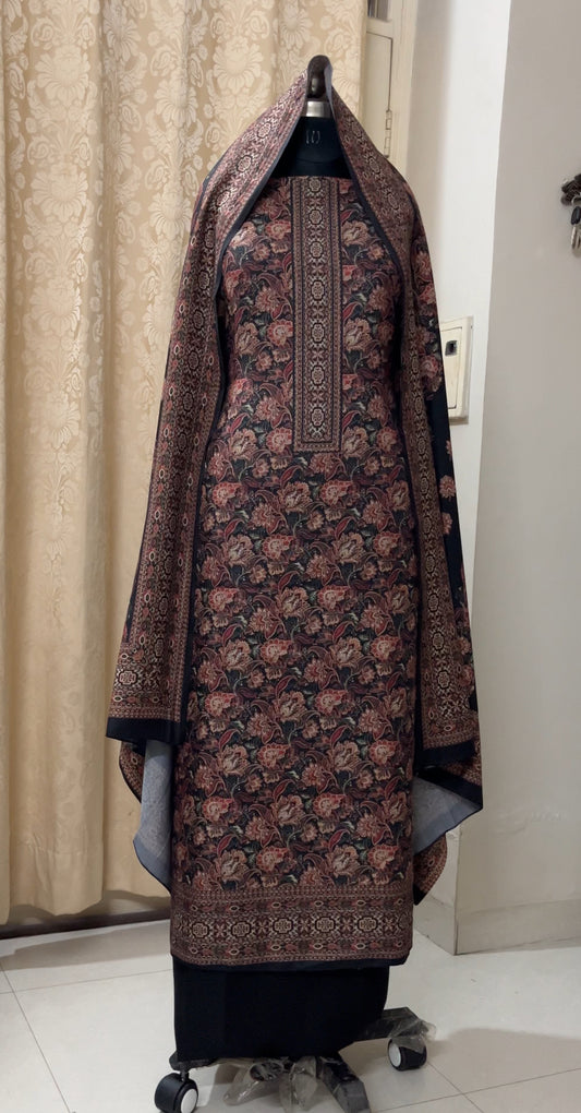 Raatrani Black Floral Digitally Printed Woolen Suit with Matching Stole
