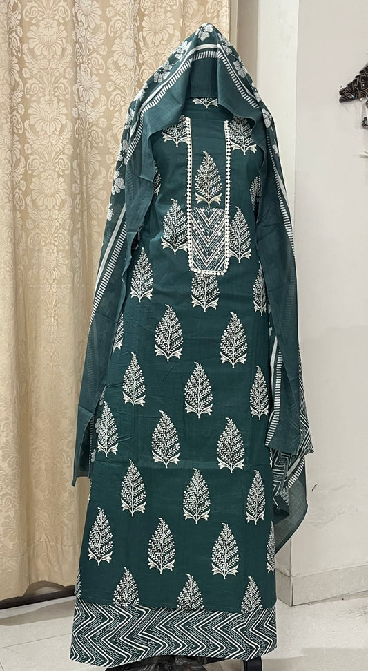 Subah Pure Cotton Suit Set with Sequin Handwork & Lace- Dark Green