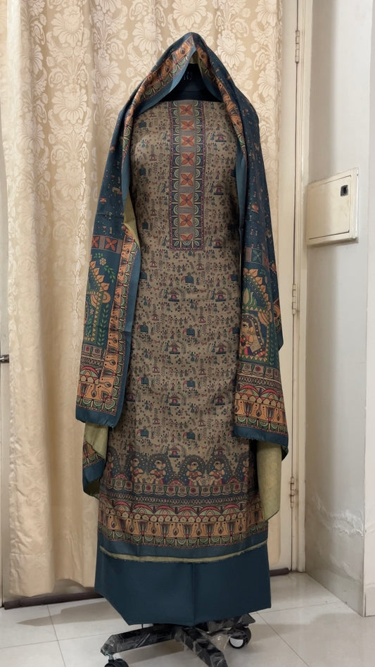 Noorvi Warli Print Woolen Suit with Floral Neck Patti & Printed Stole - Steel Blue