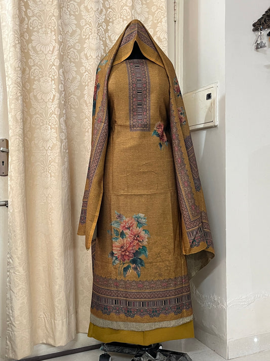 Aangan Pashmina Woolen Suit with Digital Floral Print - Mustard