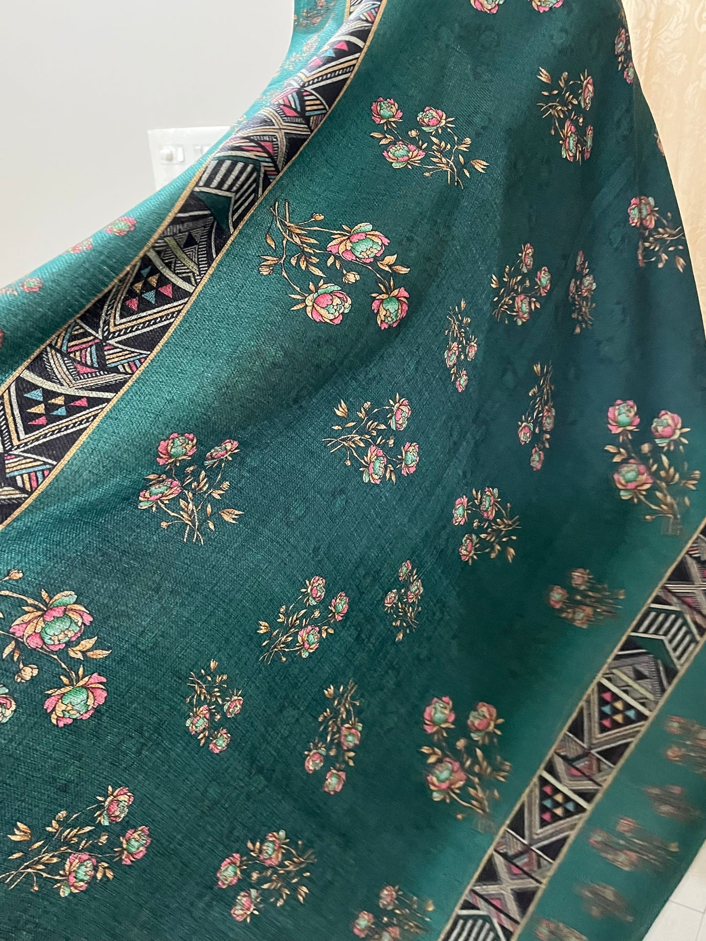 Woolen Suit with Digital Floral Print & Matching Stole - Peacock Green