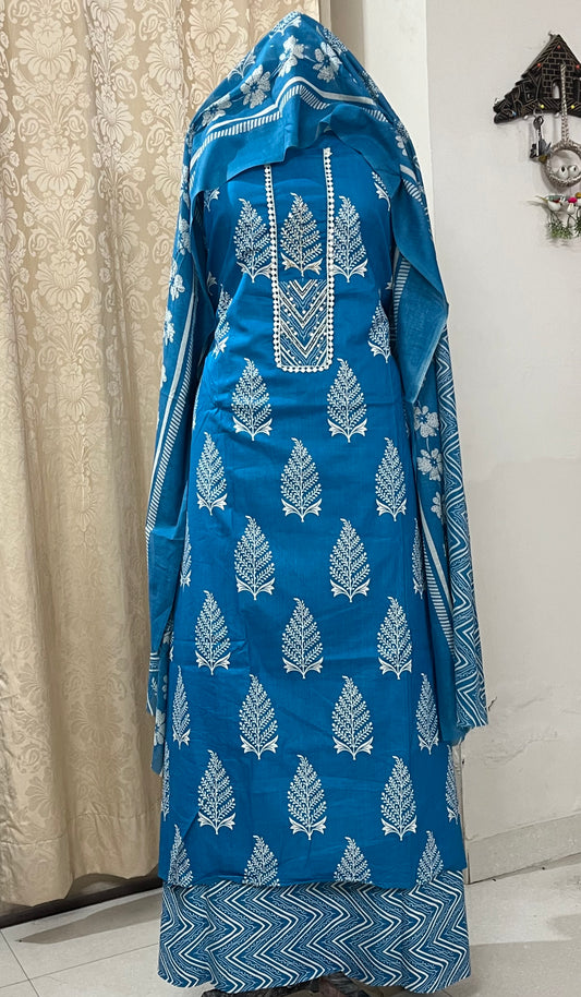 Subah Pure Cotton Suit Set with Sequin Handwork & Lace- Firozi