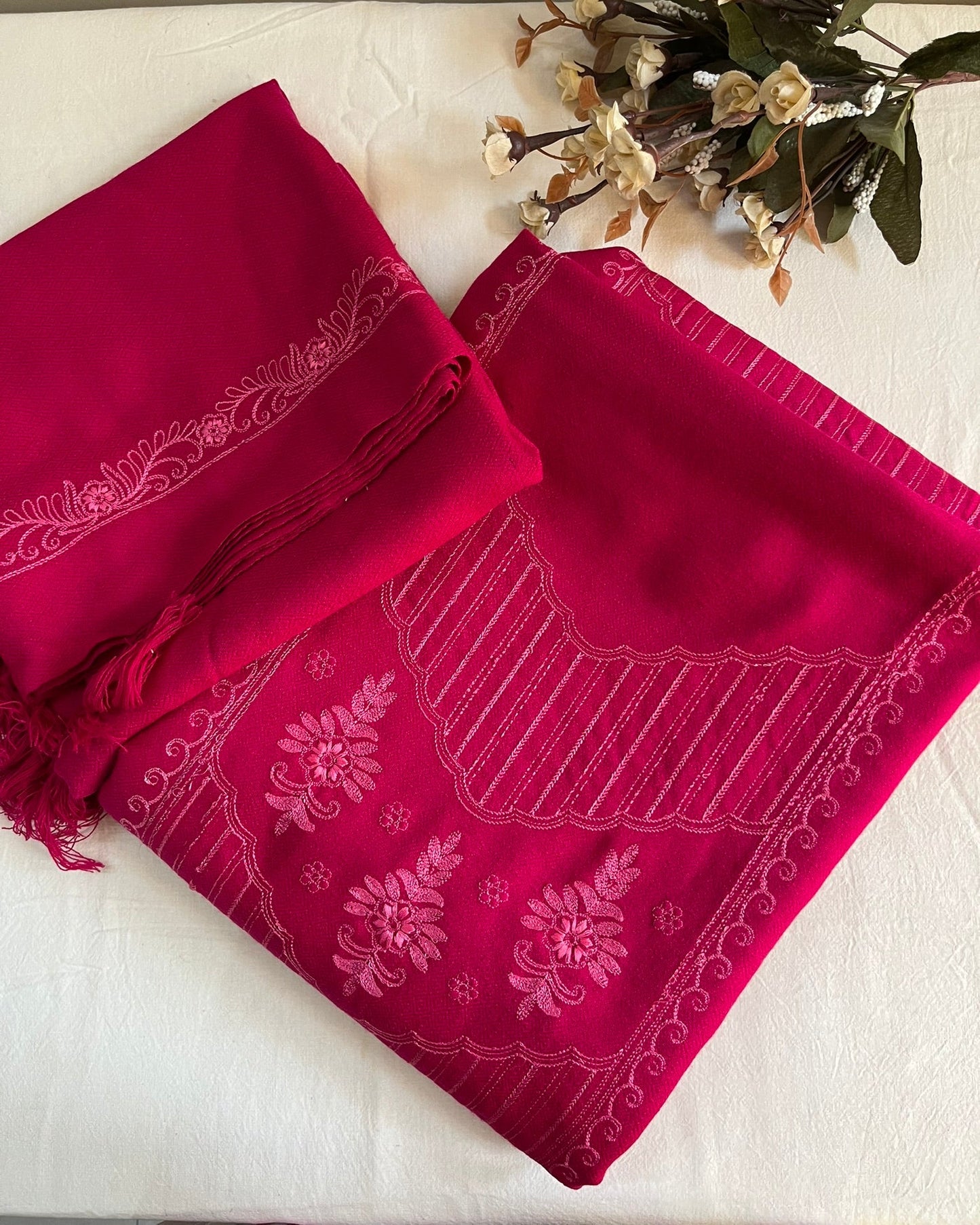 Gulabi Pink Acrylic Wool Embroidered Suit with Matching Stole