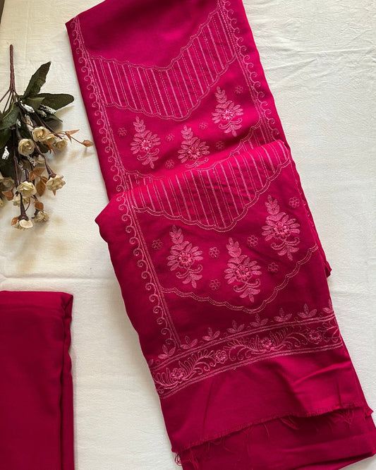 Gulabi Pink Acrylic Wool Embroidered Suit with Matching Stole