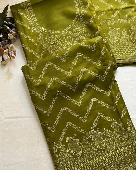 Mehndi Green Woolen Banarasi Suit with All-Over Design & Printed Stole