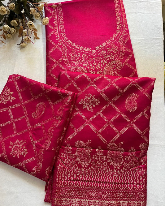 Magenta Pink Woolen Banarasi Suit with All-Over Design & Printed Stole