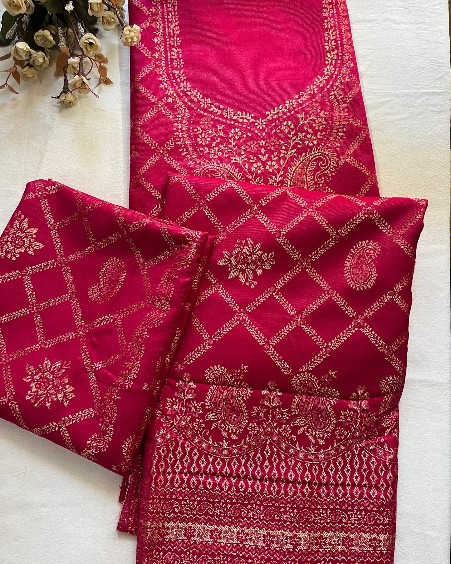 Magenta Pink Woolen Banarasi Suit with All-Over Design & Printed Stole