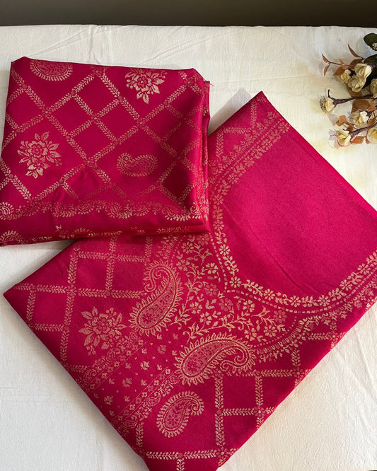 Magenta Pink Woolen Banarasi Suit with All-Over Design & Printed Stole