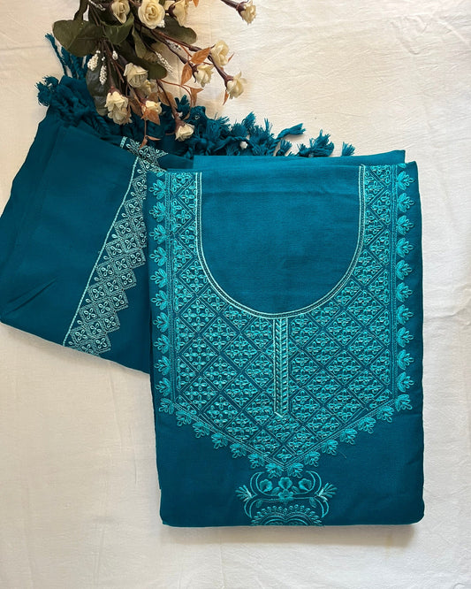 Peacock Green Acrylic Wool Embroidered Suit with Matching Stole