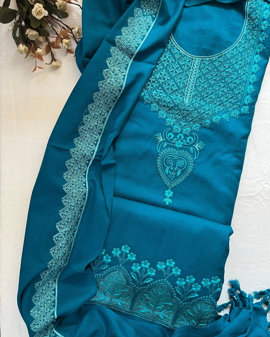 Peacock Green Acrylic Wool Embroidered Suit with Matching Stole