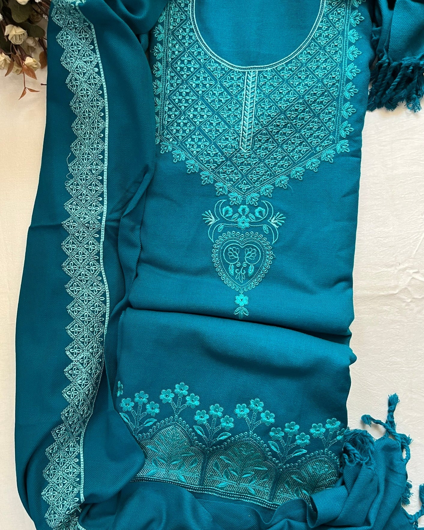Peacock Green Acrylic Wool Embroidered Suit with Matching Stole
