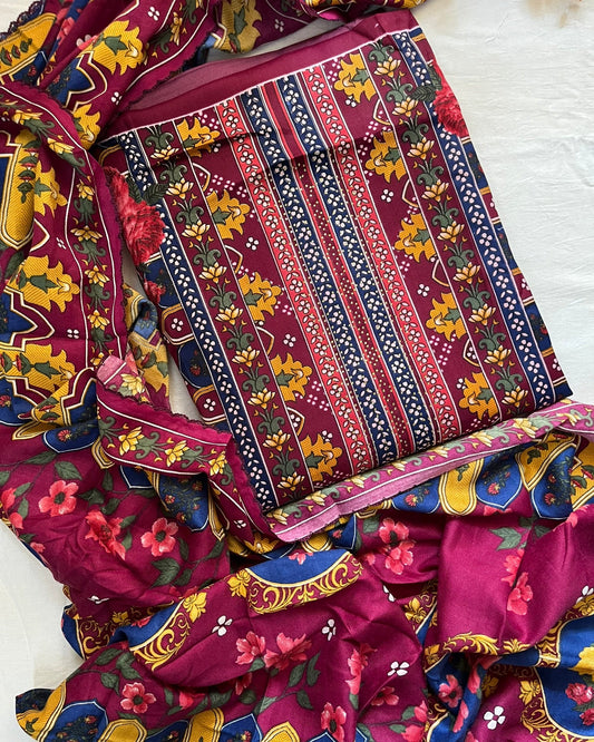 Colorful fabric with intricate patterns on a white background