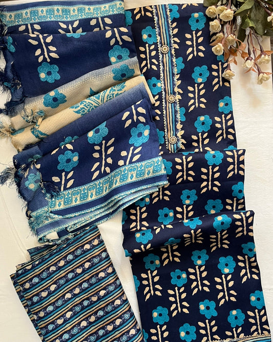 Floral Light Wool Blend Suit with Neck Patti & Stole