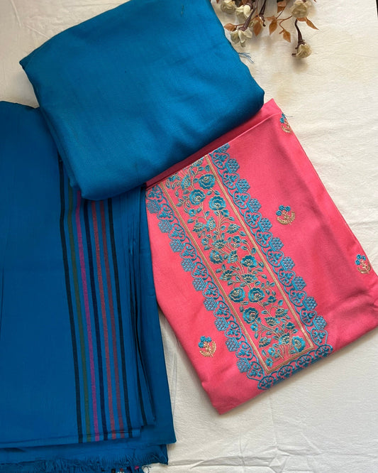 Pink Wool Blend Embroidered Suit with Firozi Bottom & Striped Stole