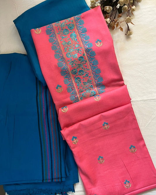 Pink Wool Blend Embroidered Suit with Firozi Bottom & Striped Stole