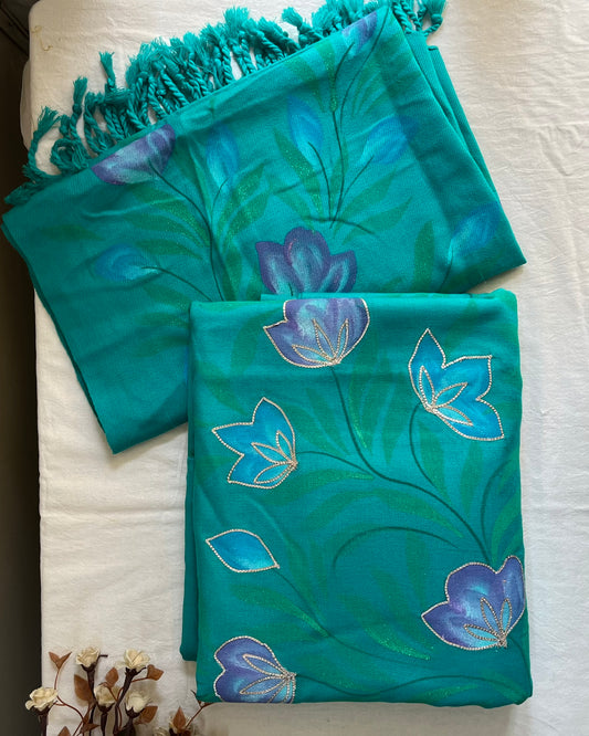 Teal Blue Woolen Hand-Painted Suit with Matching Stole