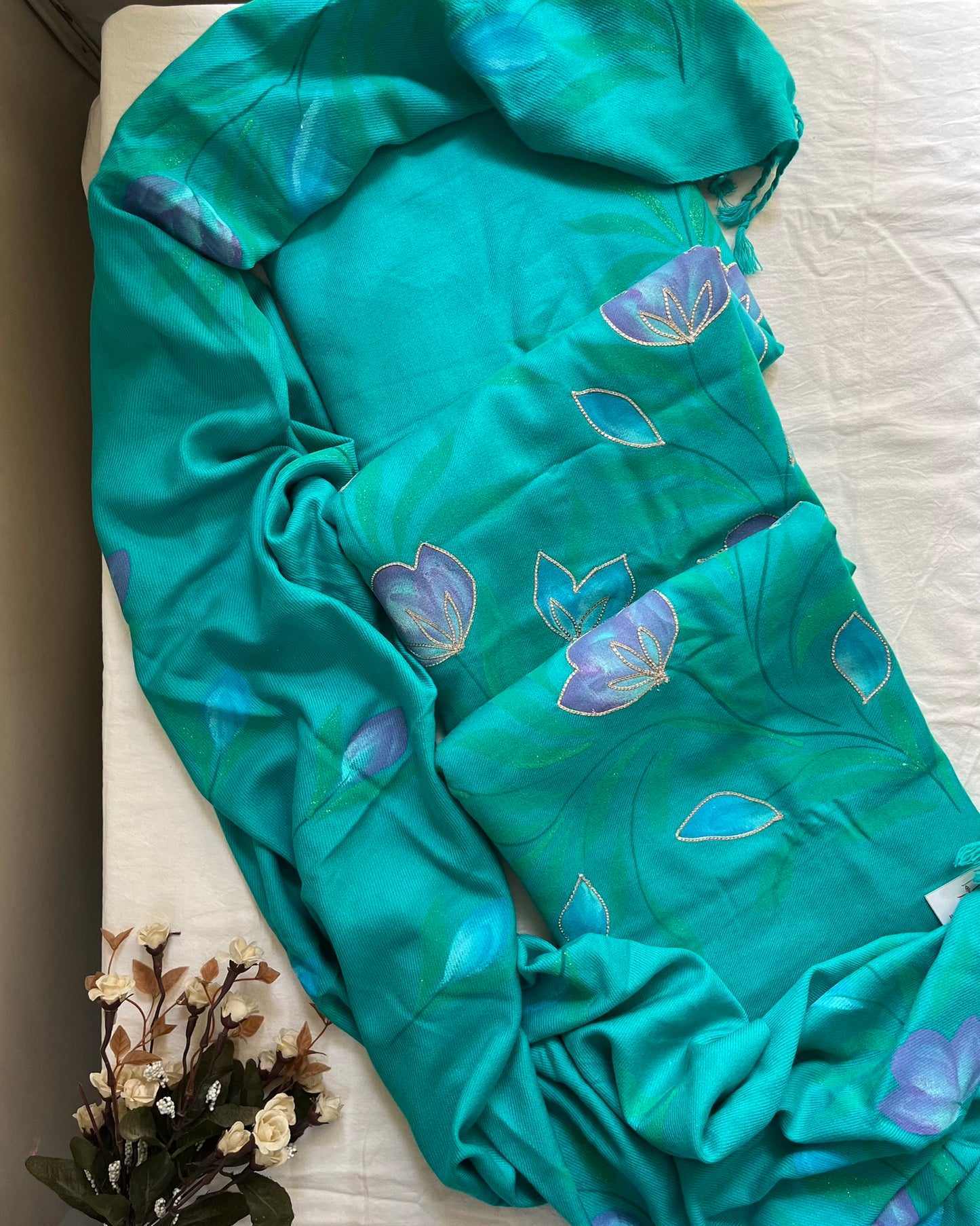 Teal Blue Woolen Hand-Painted Suit with Matching Stole