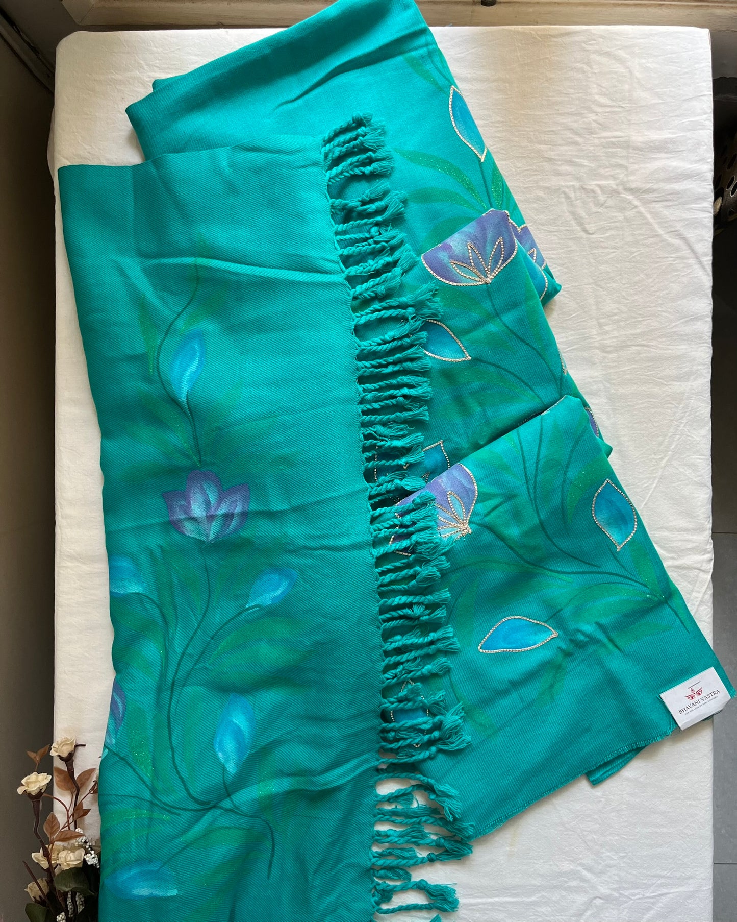 Teal Blue Woolen Hand-Painted Suit with Matching Stole