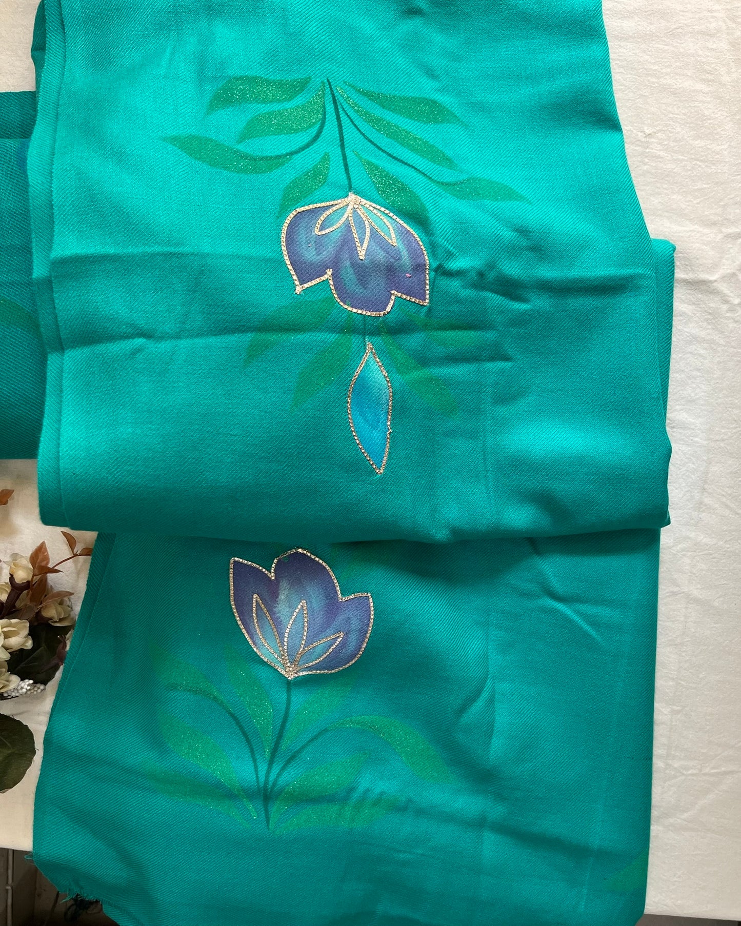Teal Blue Woolen Hand-Painted Suit with Matching Stole