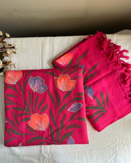 Rani Pink Woolen Hand-Painted Suit with Matching Stole
