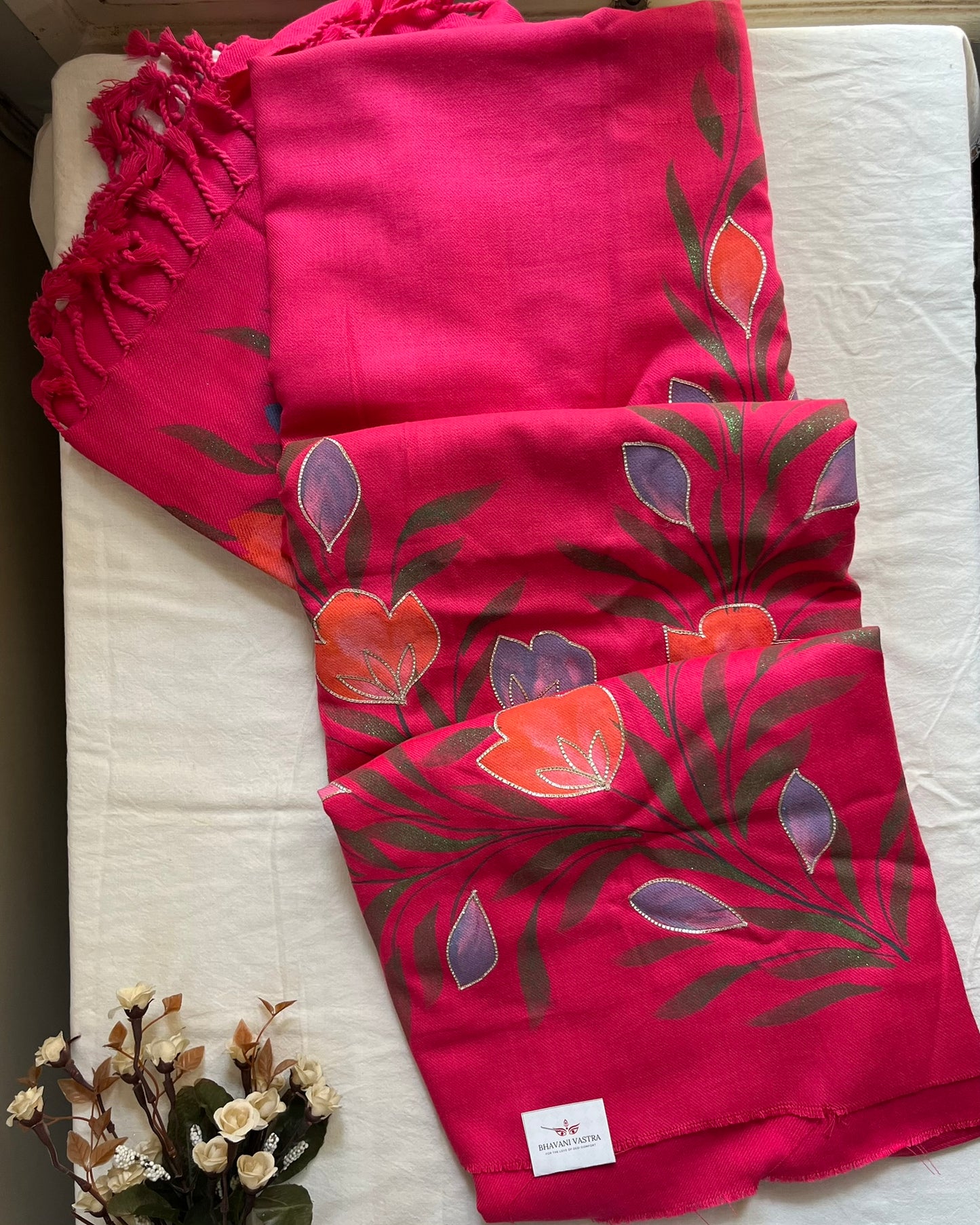 Rani Pink Woolen Hand-Painted Suit with Matching Stole