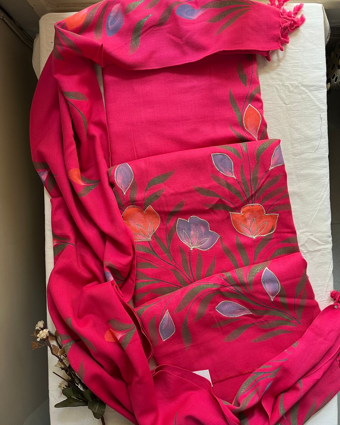 Rani Pink Woolen Hand-Painted Suit with Matching Stole