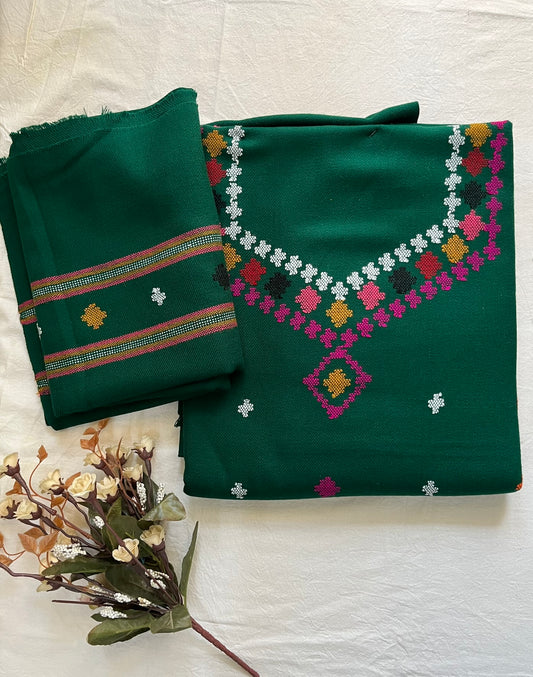 Heritage Kullvi Woolen Suit with Printed Stole in Bottle Green