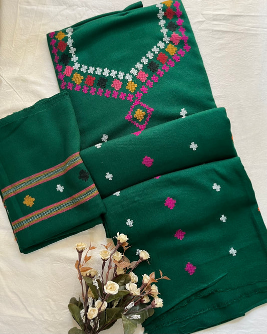 Heritage Kullvi Woolen Suit with Printed Stole in Bottle Green
