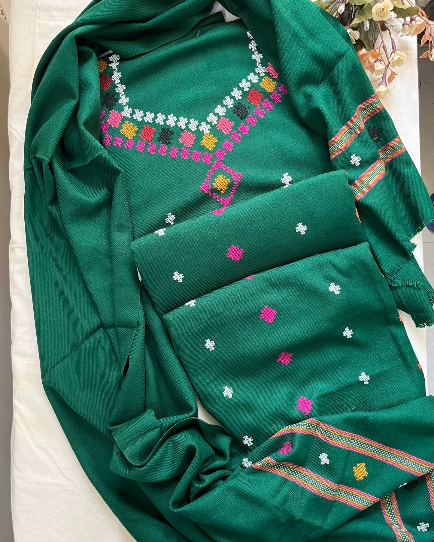 Heritage Kullvi Woolen Suit with Printed Stole in Bottle Green