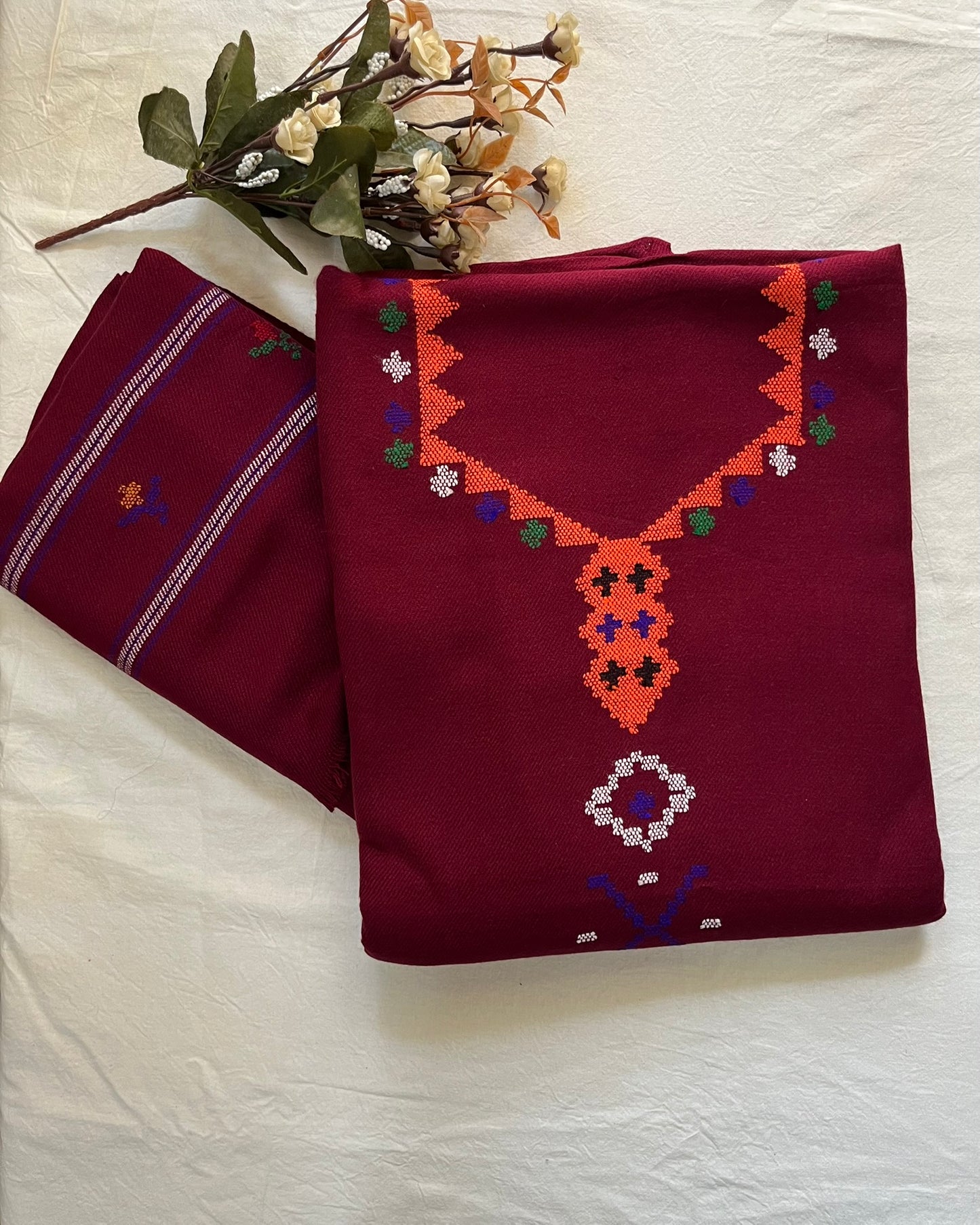 Heritage Kullvi Woolen Suit with Printed Stole in Dark Maroon