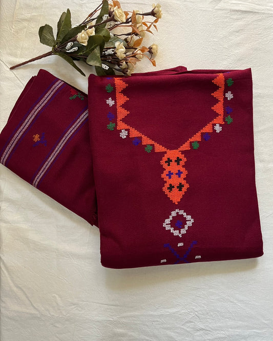Heritage Kullvi Woolen Suit with Printed Stole in Dark Maroon