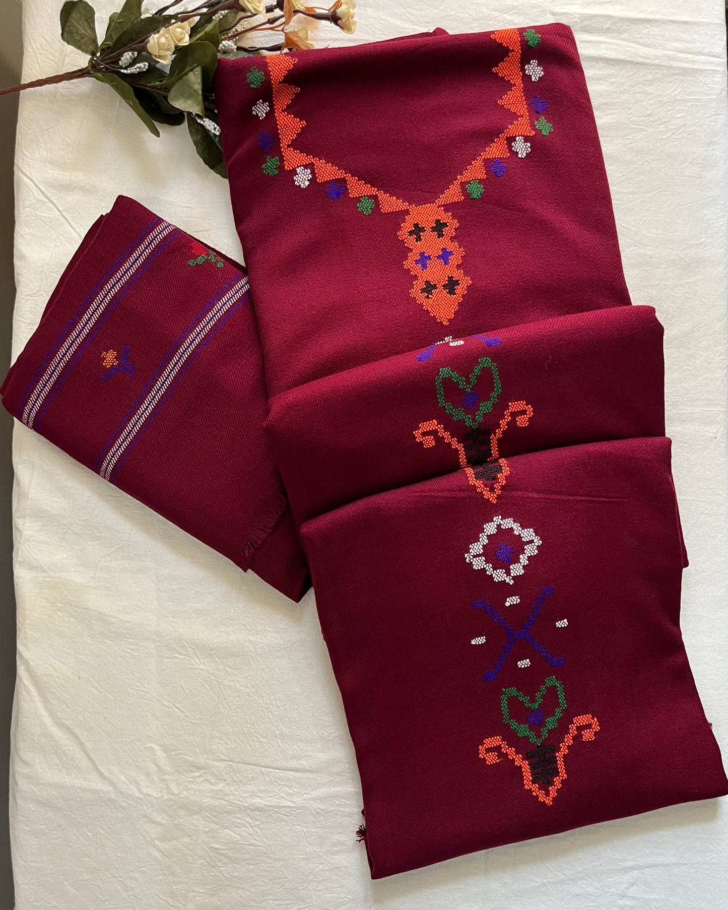 Heritage Kullvi Woolen Suit with Printed Stole in Dark Maroon