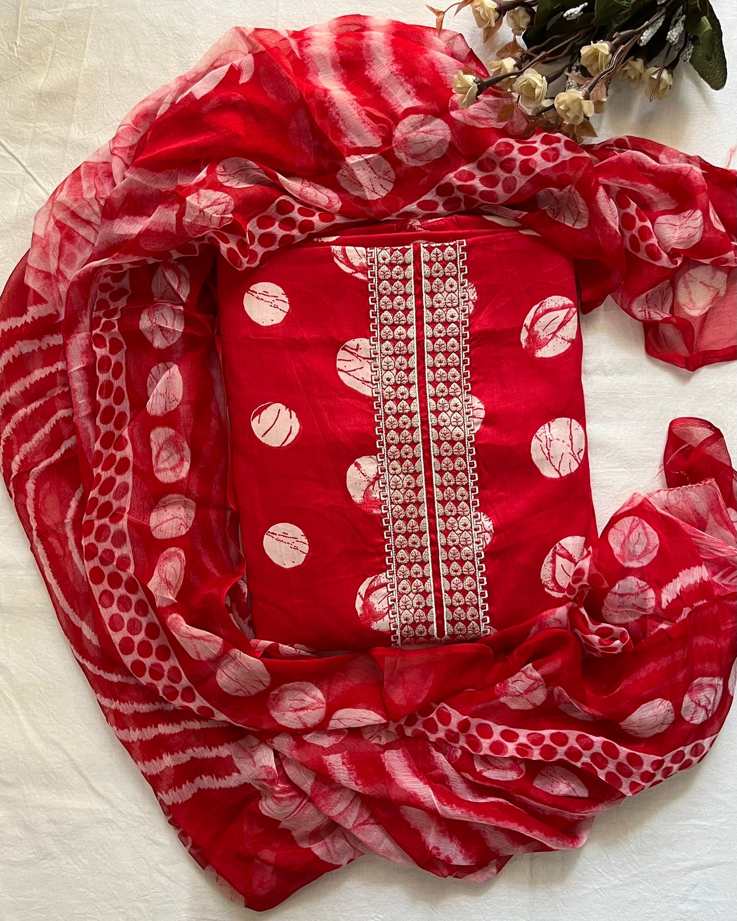Red Cotton Polka Print Suit with Neck Patti & Digital Chiffon Dupatta