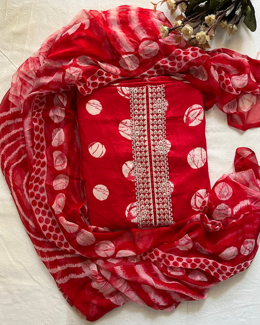 Red Cotton Polka Print Suit with Neck Patti & Digital Chiffon Dupatta