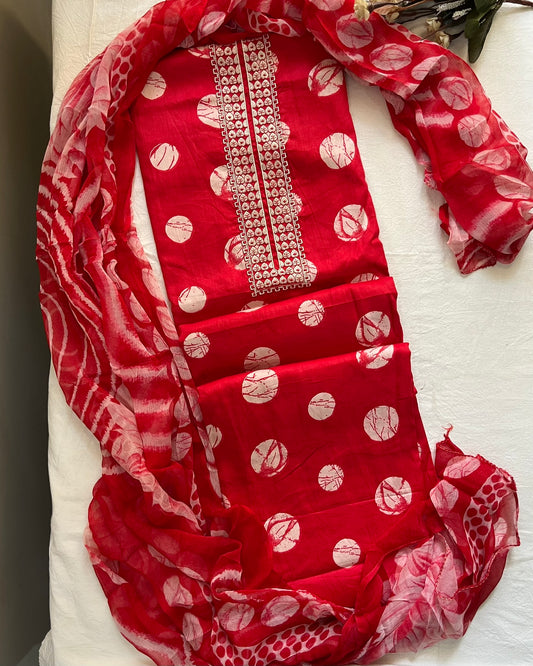 Red Cotton Polka Print Suit with Neck Patti & Digital Chiffon Dupatta