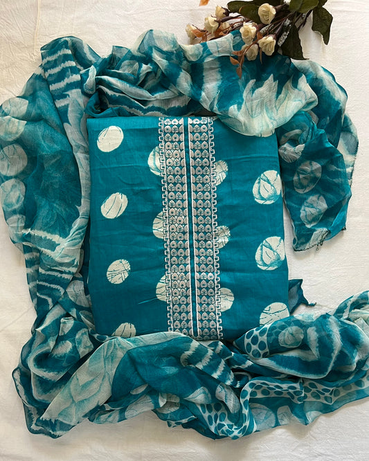 Blue Cotton Polka Print Suit with Neck Patti & Digital Chiffon Dupatta