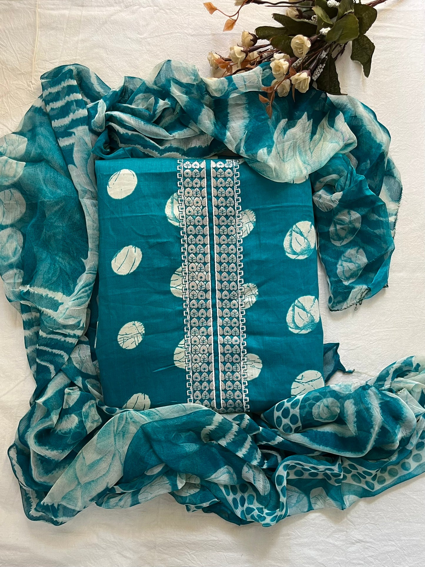 Blue Cotton Polka Print Suit with Neck Patti & Digital Chiffon Dupatta