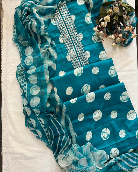 Blue Cotton Polka Print Suit with Neck Patti & Digital Chiffon Dupatta