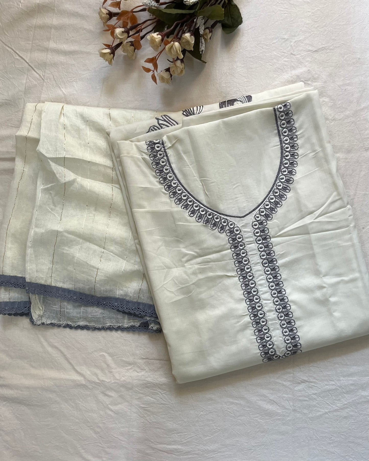 Cream Cotton Suit with Floral Embroidery & Lace Dupatta