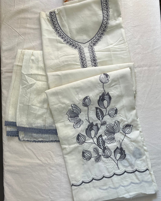 Cream Cotton Suit with Floral Embroidery & Lace Dupatta